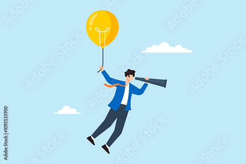 Flat illustration of businessman fly with lightbulb balloons looking telescope visionary ideas searching success finding solution