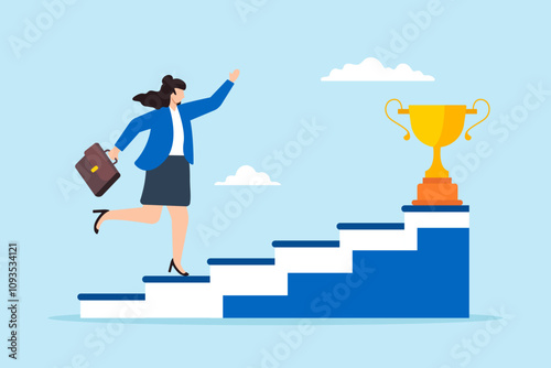 Flat illustration of businesswoman quickly climb staircase to winning trophy symbolizing ambition and career success