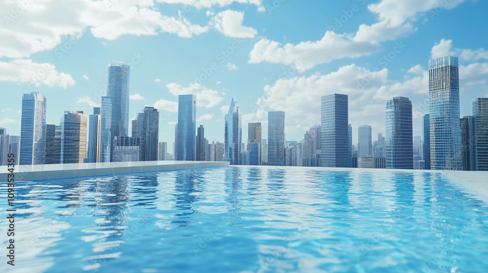 Obraz premium Illustration of a rooftop swimming pool with a modern city skyline view