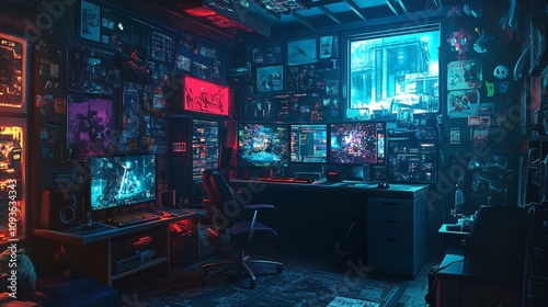 Cyberpunk gaming room with neon lights and multiple screens. Dark interior with blue and red glow. Modern gamer setup with posters and displays. Atmospheric workspace design with neon aesthetic photo