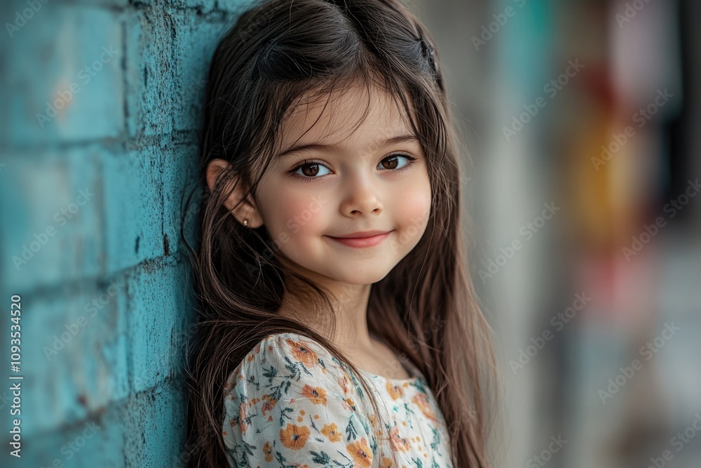 A young girl leans against a blue wall, looking up A young girl leans against a blue wall, looking up