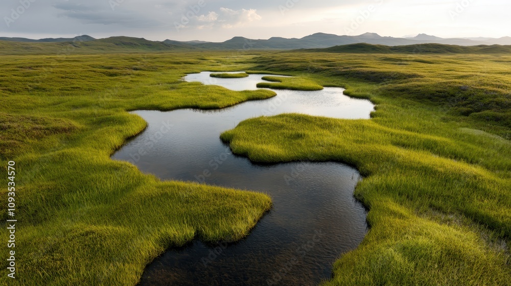 A tranquil river meanders through verdant green fields, with mountains in the distance under a softly clouded sky, evoking a sense of serenity and natural beauty. A tranquil river meanders through verdant green fields, with mountains in the distance under a softly clouded sky, evoking a sense of serenity and natural beauty.