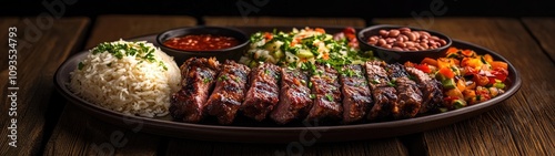 Grilled Steak Served With Rice Beans And Vegetables