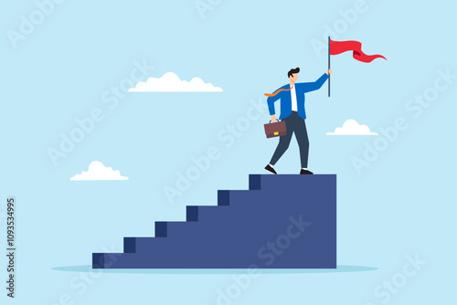 Flat illustration of successful businessman hold winning flag on top of staircase symbolizing step to achievement