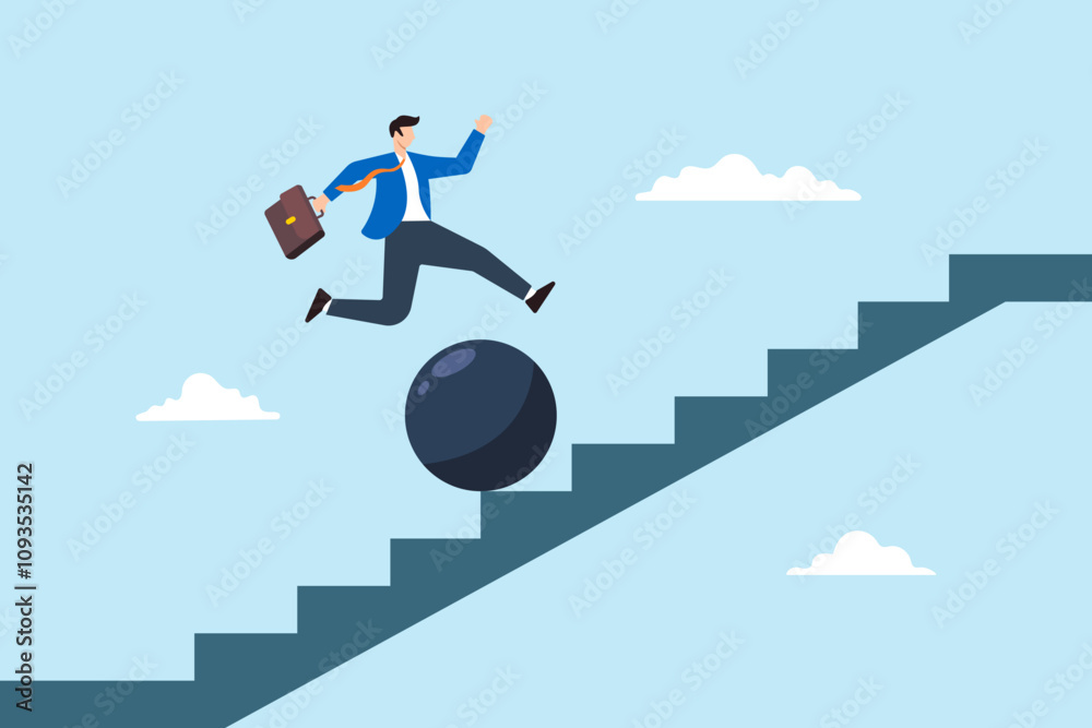 Flat illustration of businessman jump over falling boulder on staircase overcoming obstacle to success Flat illustration of businessman jump over falling boulder on staircase overcoming obstacle to success