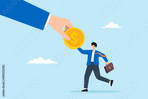 Flat illustration of businessman hand money to happy employee symbolizing salary payment and employee benefit