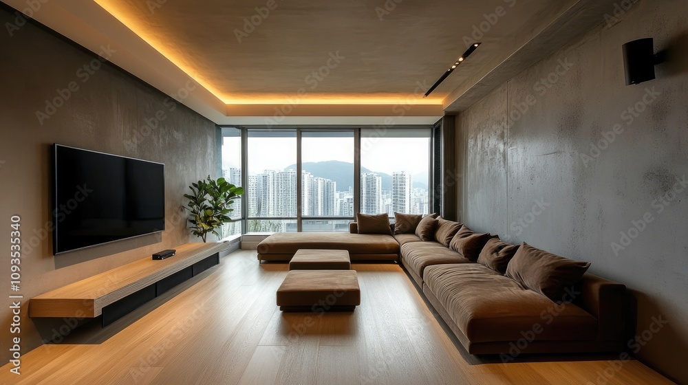 Modern living room with city view, L-shaped sofa, and recessed lighting.