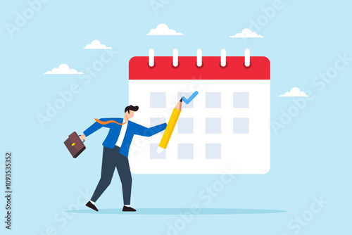 Flat illustration of businessman plan schedule giving checkmark on calendar with pencil representing time management