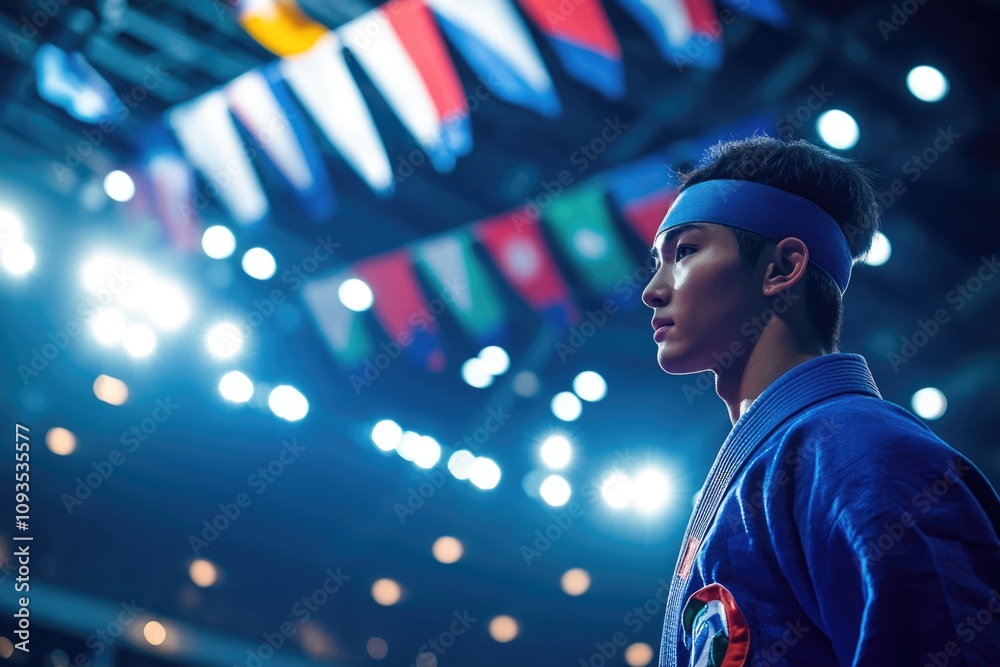 A person wearing a blue headband stands in front of a group of people, likely at an event or meeting A person wearing a blue headband stands in front of a group of people, likely at an event or meeting