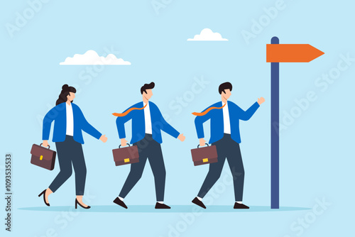 Flat illustration of business people walk in right direction toward signpost symbolizing guidance toward career success