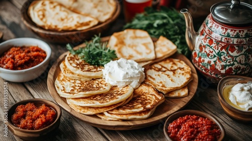 Traditional eastern flatbread with red sauce, sour cream and herbs on wooden board. Authentic homemade qutab, gozleme or flatbread. Middle eastern cuisine for menu or banner photo