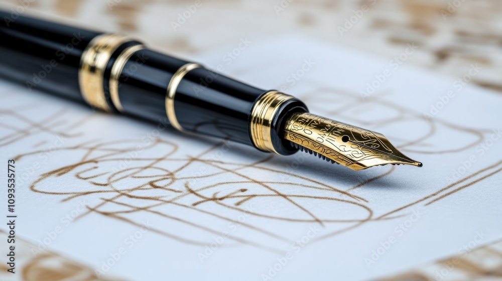 Fototapeta premium Elegant Fountain Pen Resting on Artistic Manuscript