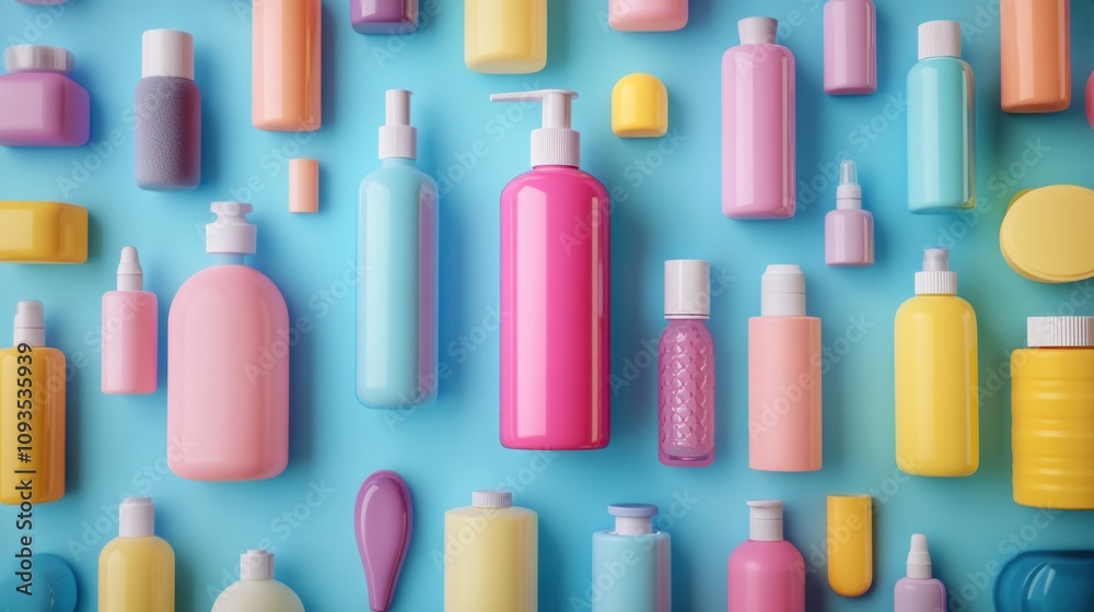 Pastel-colored cosmetic bottles arranged in a flat lay composition on a bright blue background Pastel-colored cosmetic bottles arranged in a flat lay composition on a bright blue background