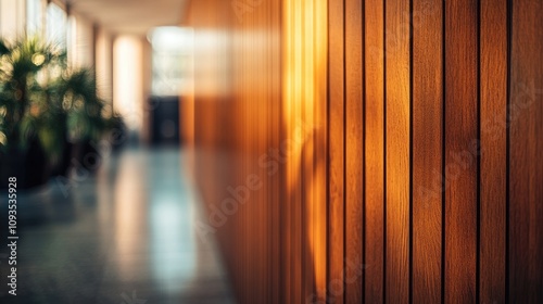 Sunlit wood wall in modern hallway.