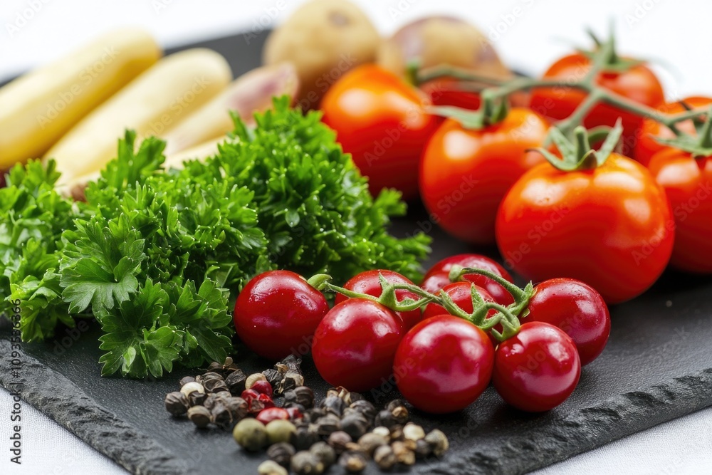 Fresh ingredients on a kitchen countertop for cooking or meal prep Fresh ingredients on a kitchen countertop for cooking or meal prep