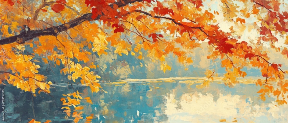 Naklejka premium Autumnal lake scene with vibrant foliage.