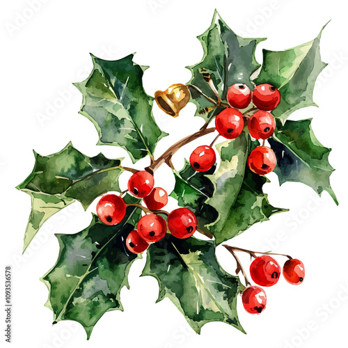 A watercolor painting of Christmas Holly Berries, isolated on a white background. Christmas Holly Berries vector.