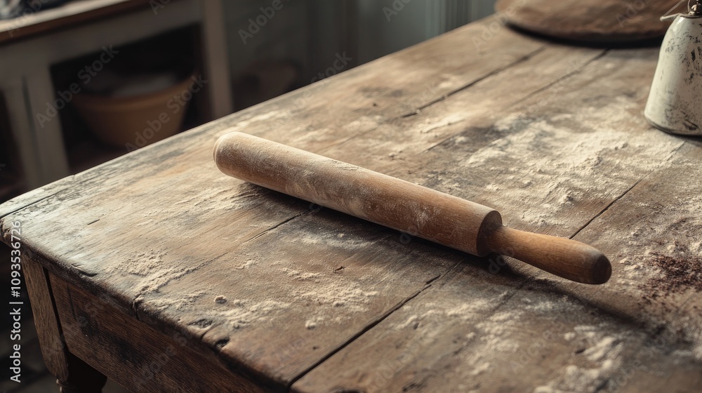 Wooden Rolling Pin on Floury Wooden Table Wooden Rolling Pin on Floury Wooden Table
