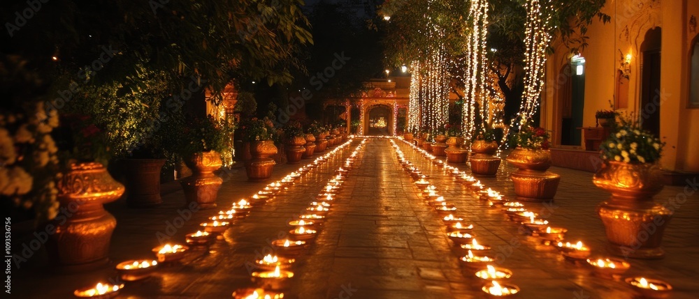 Illuminated pathway with candles and lanterns at night.