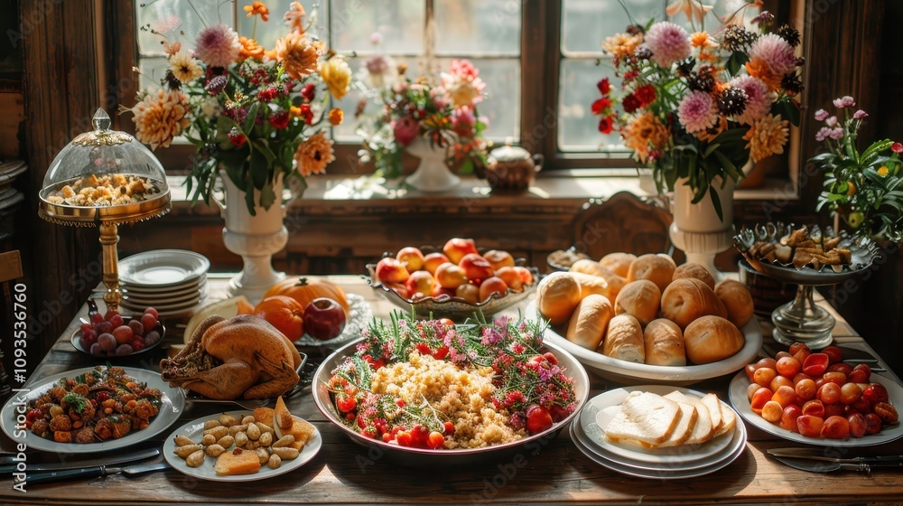 Bountiful harvest feast with vibrant flowers and fresh produce in a quaint dining setting. Generative AI Bountiful harvest feast with vibrant flowers and fresh produce in a quaint dining setting. Generative AI