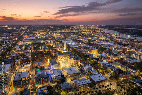 Savannah, Georgia. Historic American architecture of old historical city. USA Southern cityscape at sunset