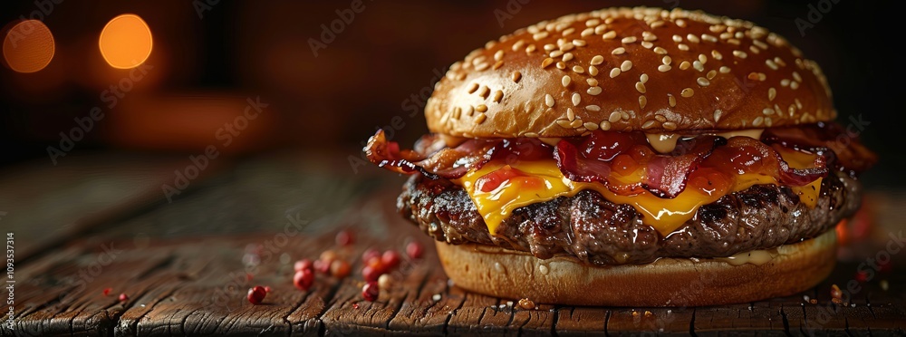 Juicy Beef Cheeseburger on Wooden Surface with Copy Space for Text Juicy Beef Cheeseburger on Wooden Surface with Copy Space for Text