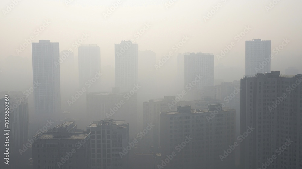 Urban Landscape Blanketed in Smog: Aerial View of City Showing Impact of Air Pollution, Detailed Environmental Photo Urban Landscape Blanketed in Smog: Aerial View of City Showing Impact of Air Pollution, Detailed Environmental Photo