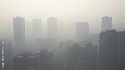 Urban Landscape Blanketed in Smog: Aerial View of City Showing Impact of Air Pollution, Detailed Environmental Photo