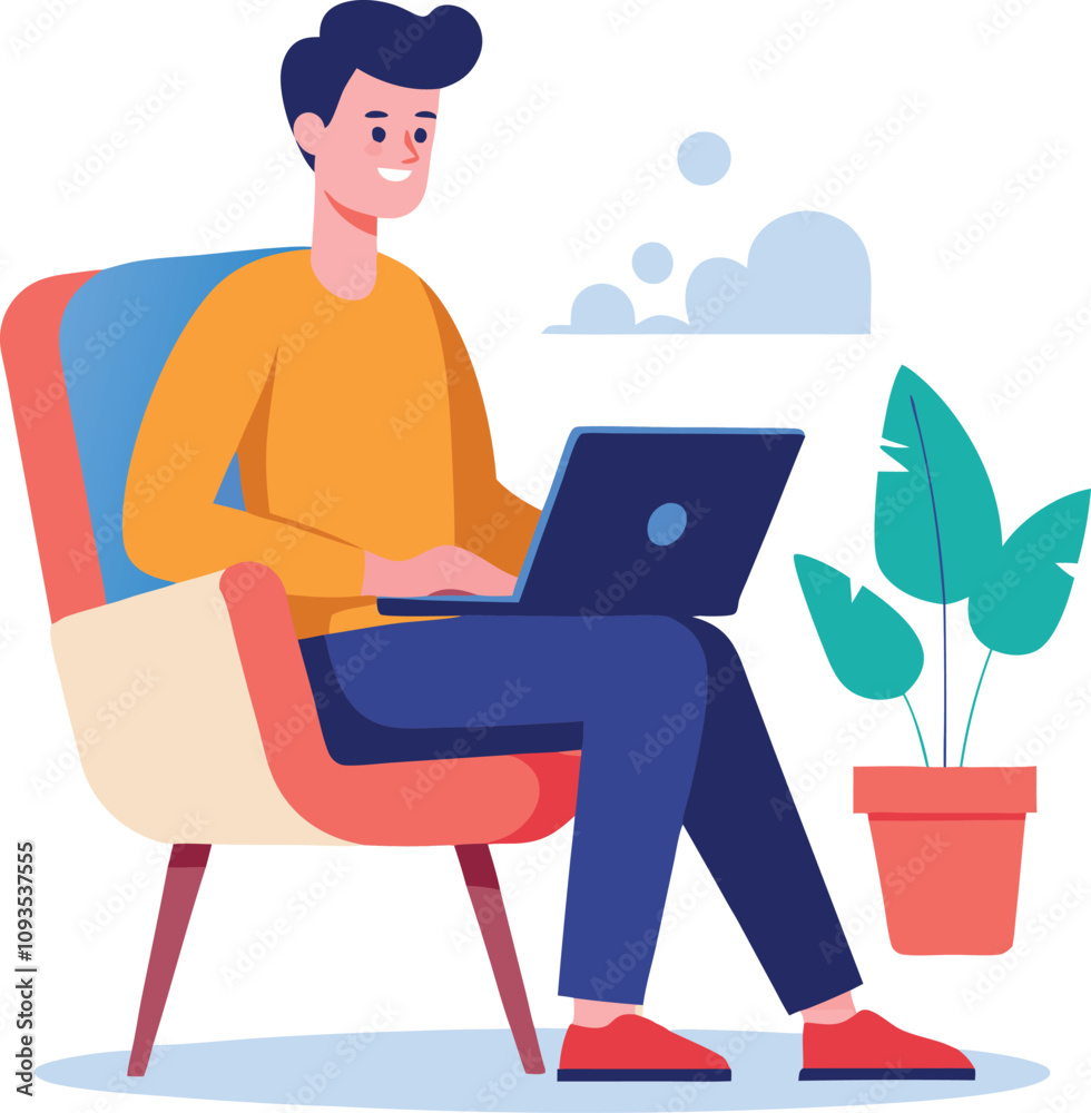 a boy is using his laptop vector a boy is using his laptop vector