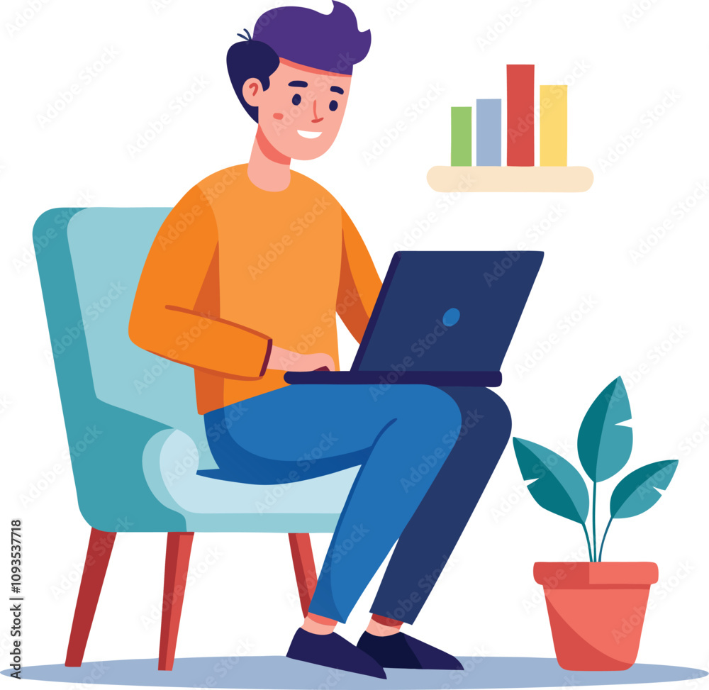 a boy is using his laptop vector a boy is using his laptop vector