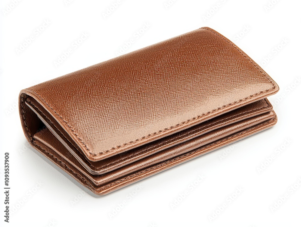 A sleek, brown leather wallet with a textured finish, designed for carrying cards and cash in a compact, stylish manner. A sleek, brown leather wallet with a textured finish, designed for carrying cards and cash in a compact, stylish manner.