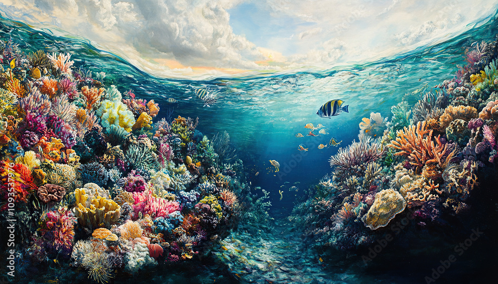 Fototapeta premium Colorful coral reef teeming with fish in the clear waters of a tropical ocean
