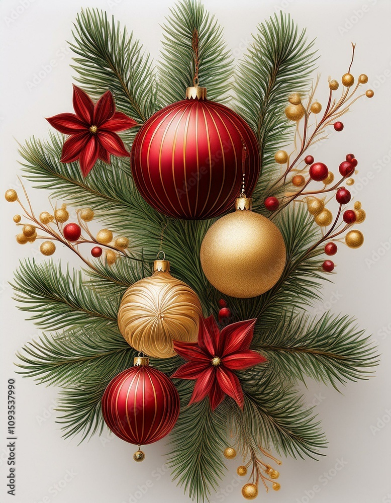 adorno de navidad de ramas de abeto y bolas de navidad rojas y doradas, hiperrealista, fondo blanco neutro adorno de navidad de ramas de abeto y bolas de navidad rojas y doradas, hiperrealista, fondo blanco neutro