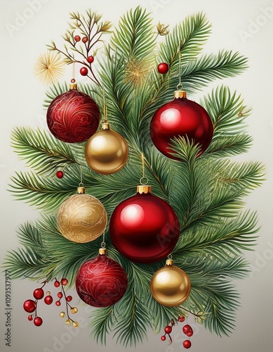 adorno de navidad de ramas de abeto y bolas de navidad rojas y doradas, hiperrealista, fondo blanco neutro