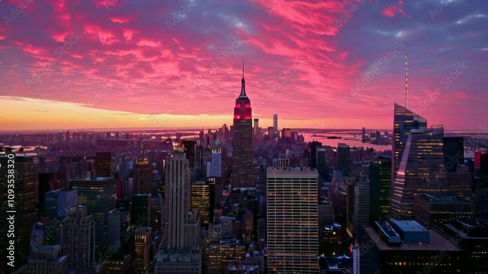 new york city skyline at sunset with skyscrapers and buildings