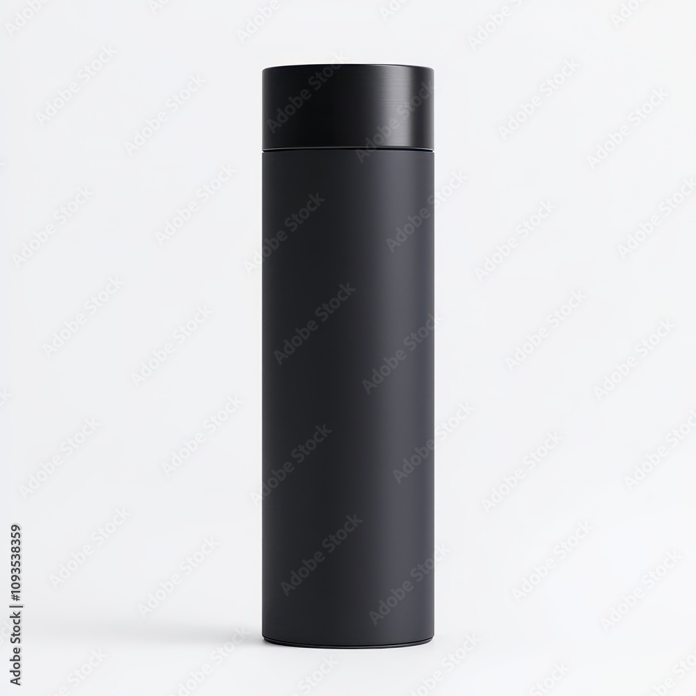 A sleek, black thermos bottle, cylindrical in shape, designed for hot and cold beverages, perfect for on-the-go hydration. A sleek, black thermos bottle, cylindrical in shape, designed for hot and cold beverages, perfect for on-the-go hydration.