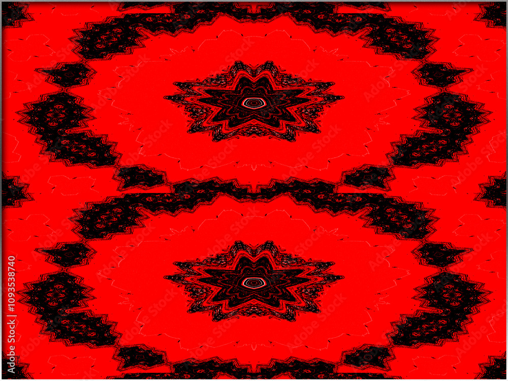 A striking red and black symmetrical pattern features intricate, mandala-like designs at the center. The bold contrast between the colors creates a dynamic and mesmerizing visual effect. A striking red and black symmetrical pattern features intricate, mandala-like designs at the center. The bold contrast between the colors creates a dynamic and mesmerizing visual effect.