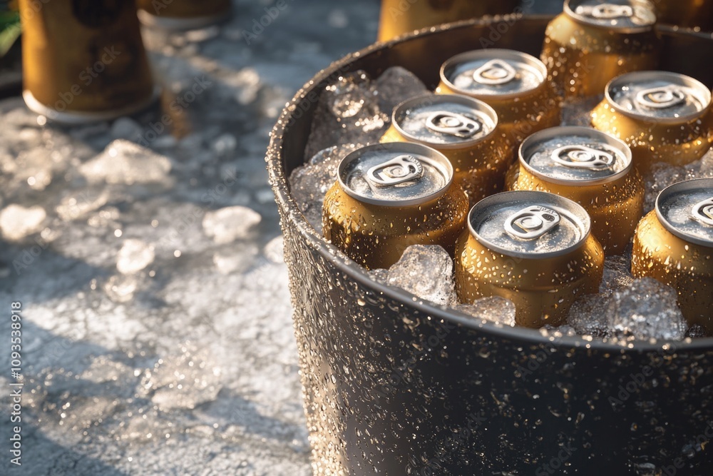 A bucket filled with beer sits atop a pile of melting ice, perfect for hot summer days or outdoor gatherings A bucket filled with beer sits atop a pile of melting ice, perfect for hot summer days or outdoor gatherings