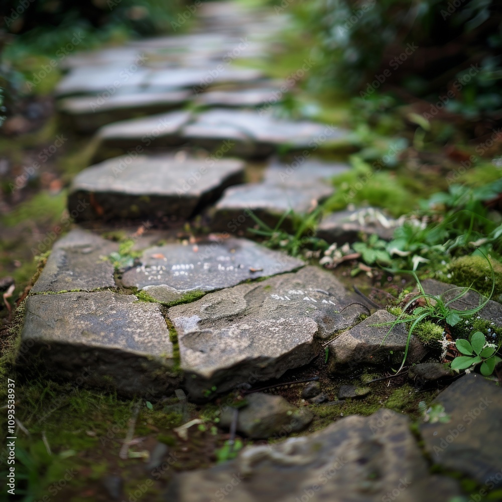 A small stone pathway with closeup plants A small stone pathway with closeup plants