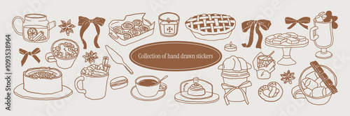 Cozy winter hand drawn sketches of food and drinks. Vector line chalk doodles for invitations, menus, greeting cards. Clipart ink elements. Hot chocolate, cocoa, marshmallows, pies, coffee, tea.