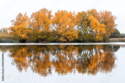 A serene lake scene with trees in the background photo