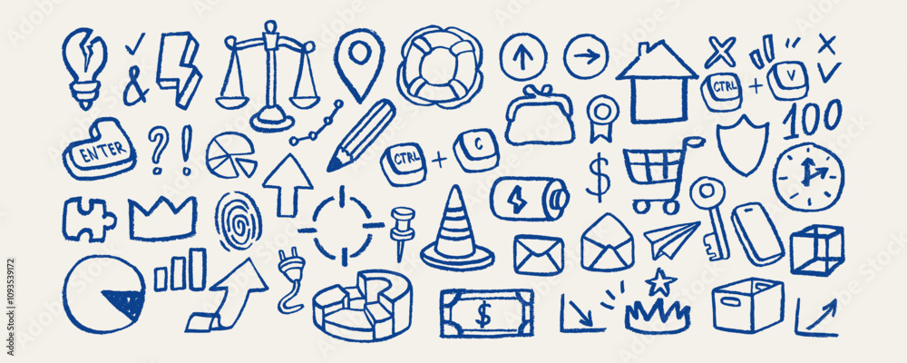 Chalk hand drawn business shapes in doodle line art grunge style. Dry brush sketch texture. Concept of marketing, finance, success. Vector ink crayon illustration.