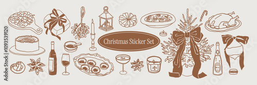 Set of festive dinner clipart. Whimsical Christmas aesthetic. Hand drawn line art chalk doodles perfect for invites, postcards, stationery, menus in sketch style.
