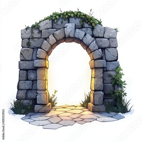 A stone archway covered in greenery leads to a bright, inviting path, symbolizing transition and journey.
