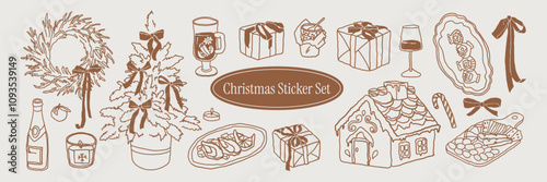 Cozy winter hand drawn doodle sketches of decoration, food and drinks. Vector line chalk graphics for invitations, menus, greeting cards. Clipart ink elements. 