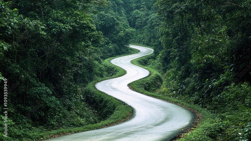 Winding road through dense forest, perfect for outdoor adventure or travel photography