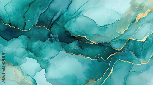 Abstract teal and gold ink wash painting. photo