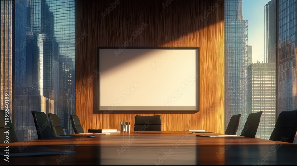 Modern empty conference room with city view and blank whiteboard. Modern empty conference room with city view and blank whiteboard.