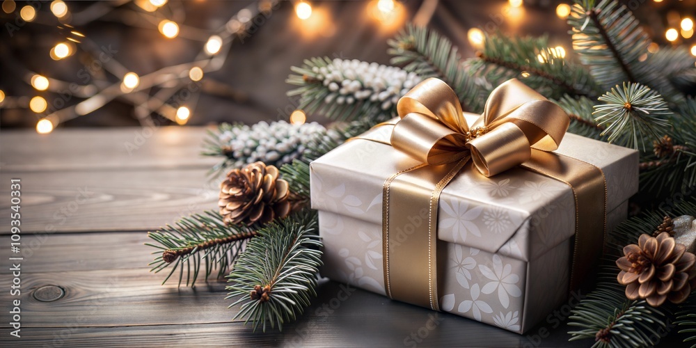 A beautifully wrapped Christmas gift in an elegant box, adorned with a golden ribbon and a lovely bow, set against a backdrop of festive tree branches, evokes a joyful holiday spirit. Perfect for card A beautifully wrapped Christmas gift in an elegant box, adorned with a golden ribbon and a lovely bow, set against a backdrop of festive tree branches, evokes a joyful holiday spirit. Perfect for card