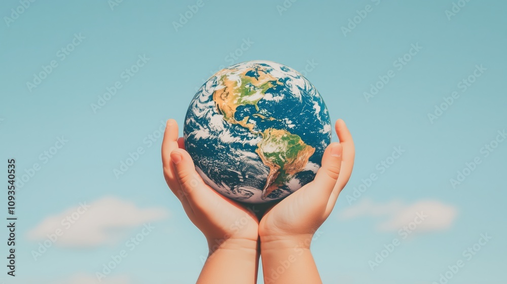 child's hands cradling Earth with clear sky background, emphasizing ecology and peace for future generations child's hands cradling Earth with clear sky background, emphasizing ecology and peace for future generations